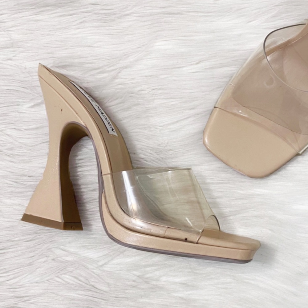 Steve Madden Nude Clear Lipa Square Toe Sandal Heels
